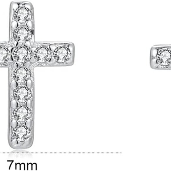 14K Gold Plated Small Silver Cross Stud Earrings with CZ - Hypoallergenic, Minim - Picture 6 of 6